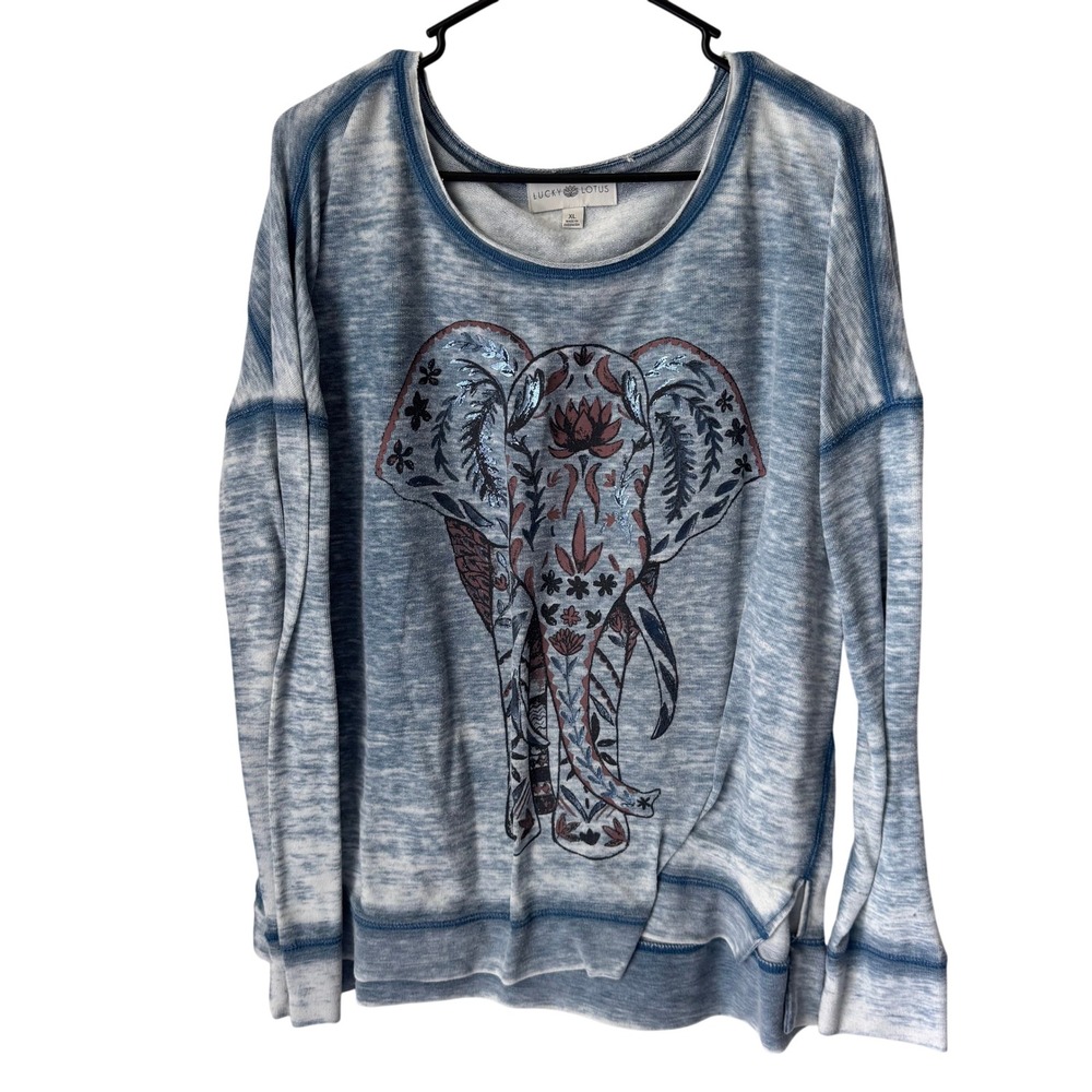 Lucky Lotus Blue Elephant Graphic Sweatshirt XL Boho Metallic Foil Pullover